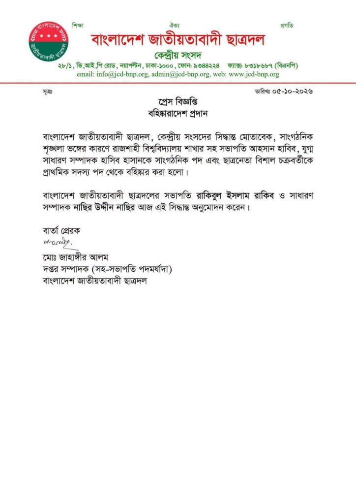 রাজশাহী বিশ্ববিদ্যালয় ছাত্রদলের দুই নেতাকে পদ থেকে বহিষ্কার, সদস্যপদ হারালেন আরও একজন